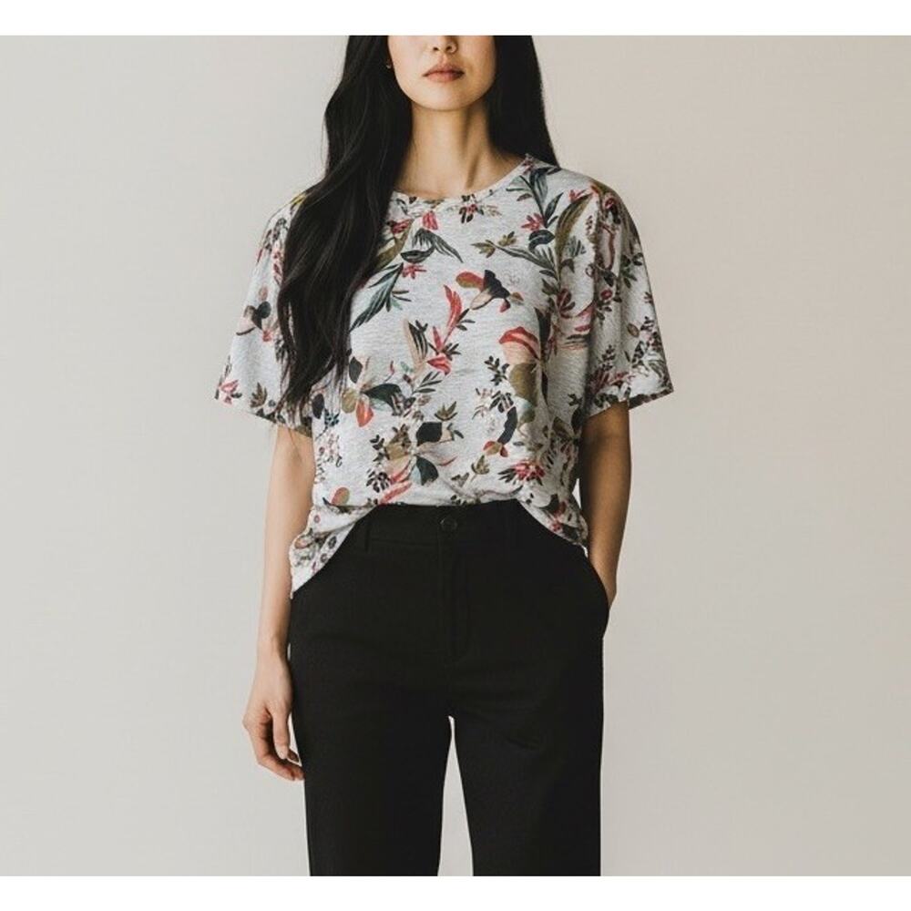 Rachel Zoe 100% Linen Floral Button Back Short Sleeve Top T-shirt Blouse 1X
